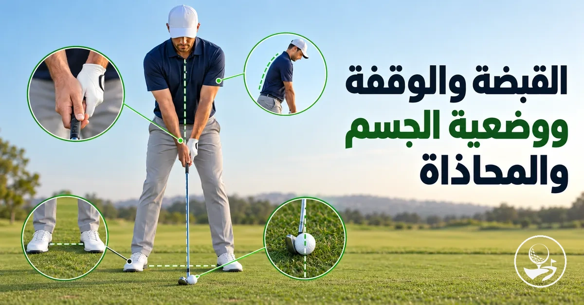 لاعب جولف مبتدئ يوضح القبضة والوقفة ووضعية الجسم والمحاذاة