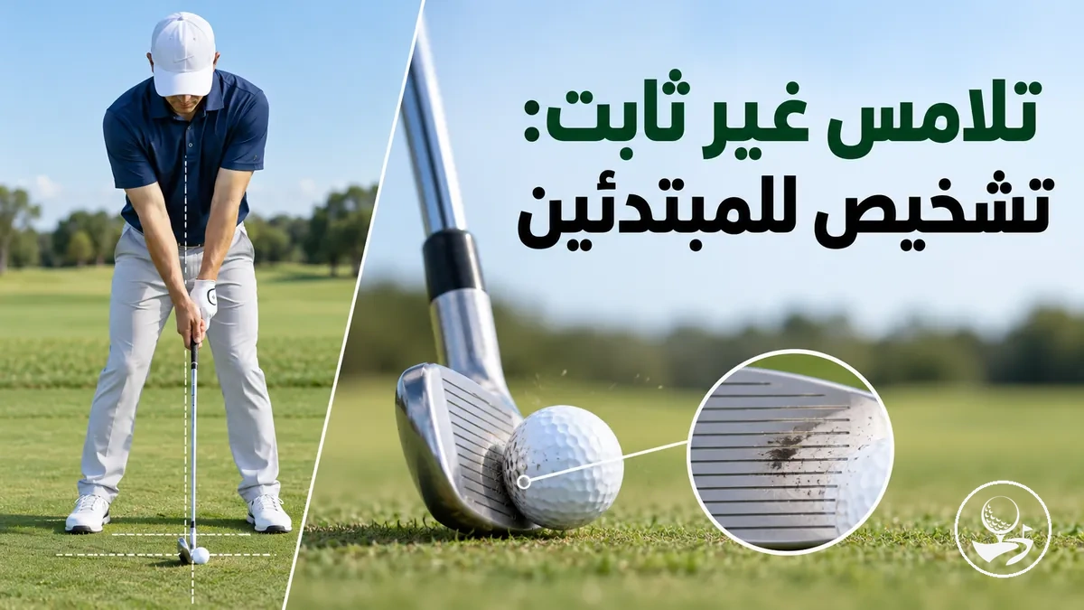 لاعب جولف مبتدئ يراجع وضعية الاستعداد ونقطة الضرب لتشخيص تلامس الكرة غير الثابت