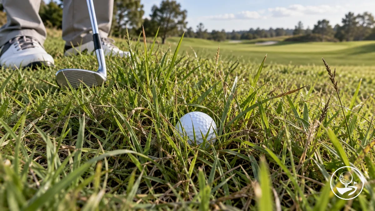Golfball in einer schwierigen Lage zur Veranschaulichung des Prinzips, den Ball so zu spielen, wie er liegt