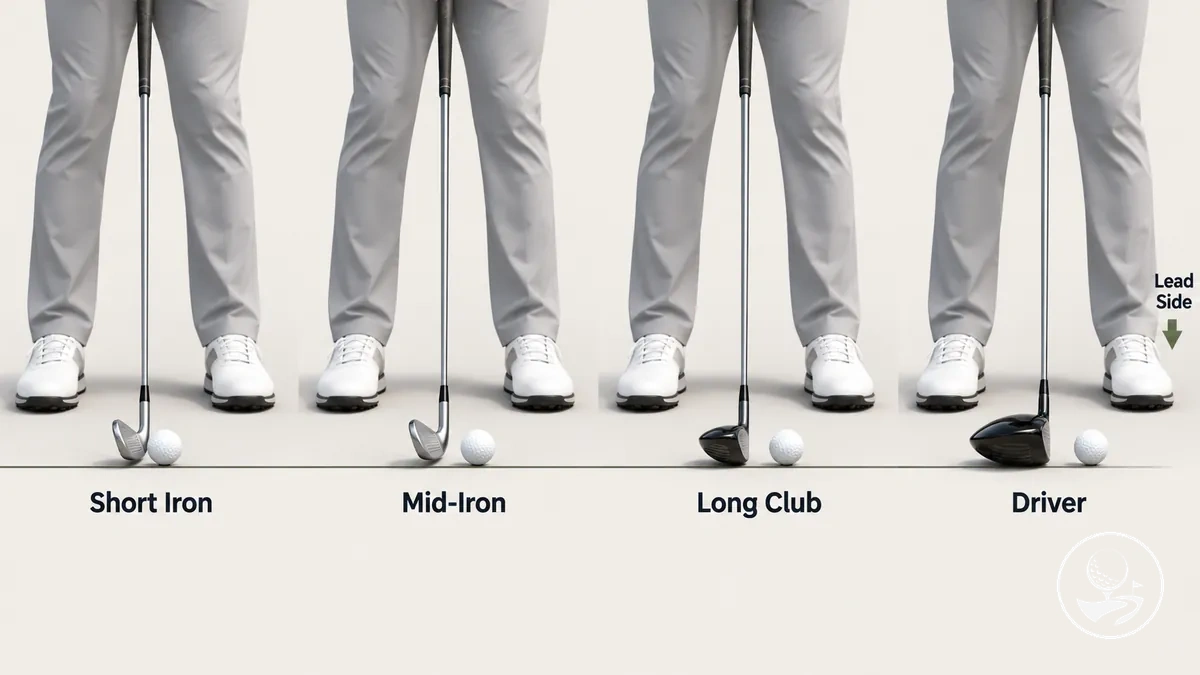 Abstufung der Ballposition beim Golf von kürzeren Schlägern bis zum Driver im Stand