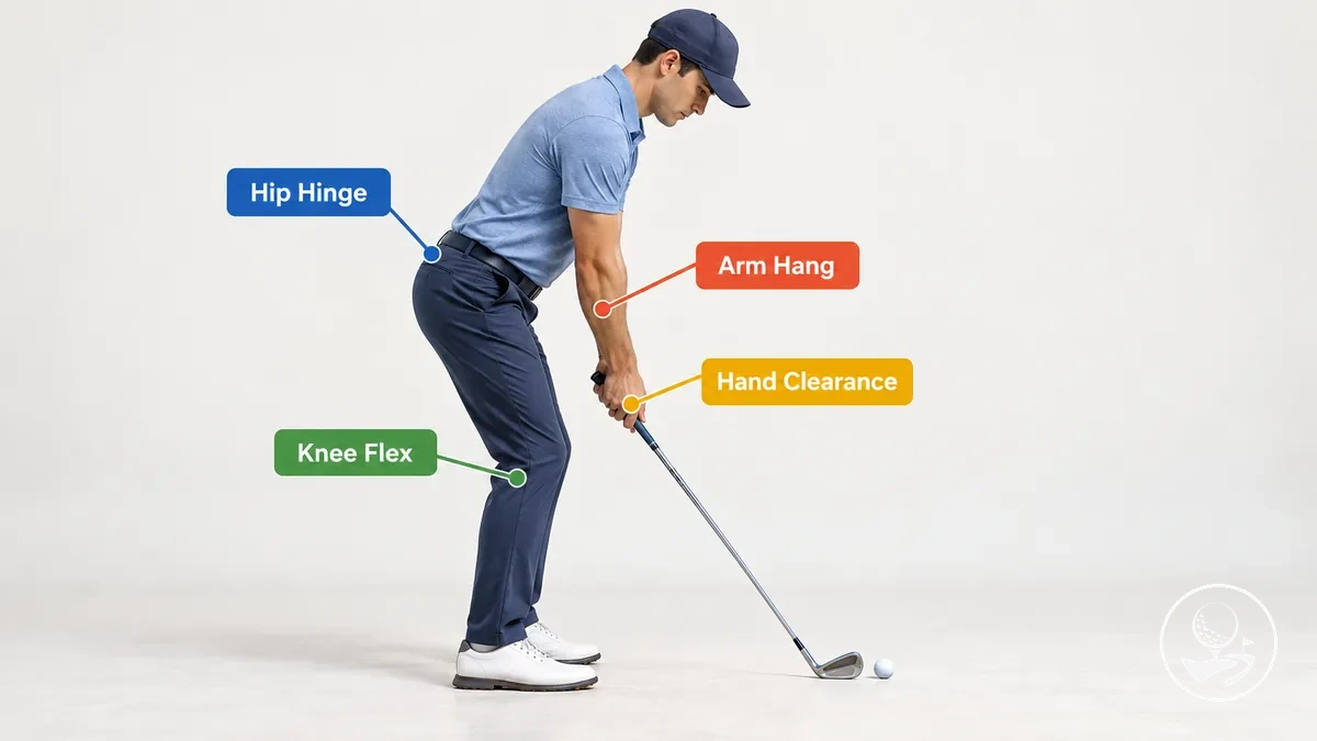 Seitenansicht der Golfhaltung für Anfänger mit Hüftbeugung, Armhang und Abstand zum Ball