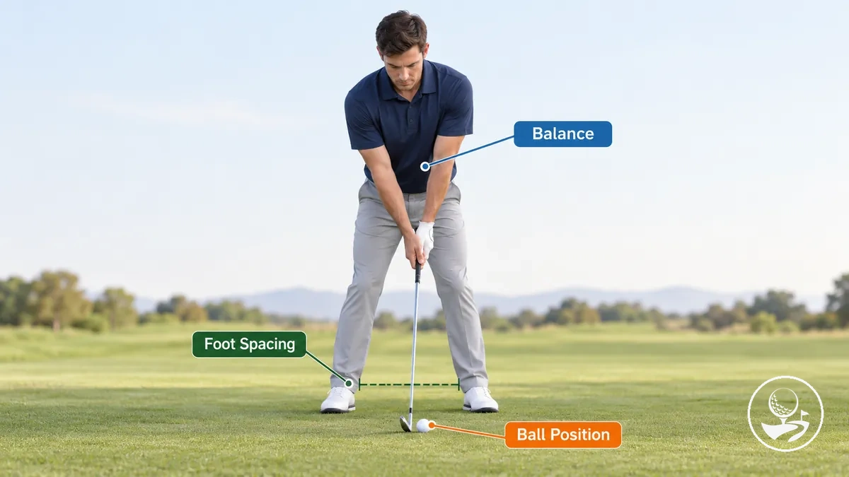 Golfstand für Anfänger mit Fußabstand, Ballposition und ausgewogener Ansprechposition