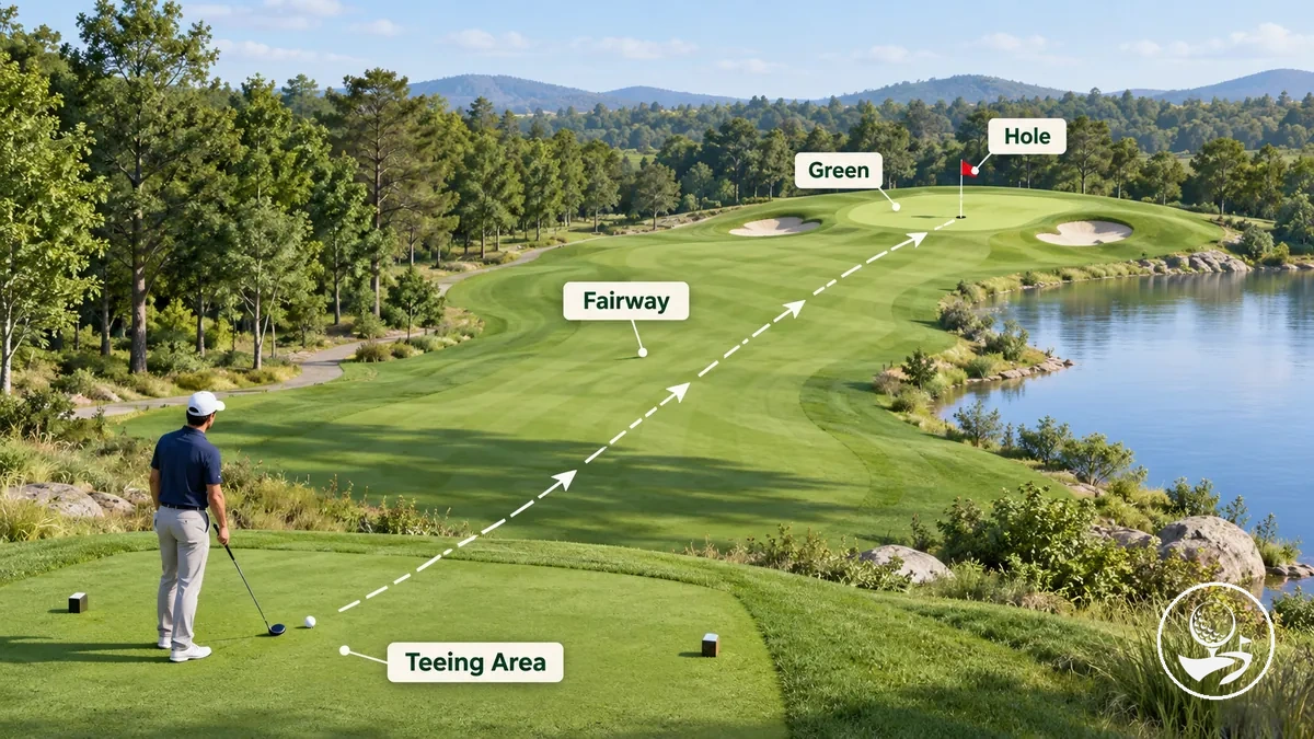 Diagramm des Spielverlaufs vom Abschlagbereich über das Fairway bis zum Grün und zum Loch