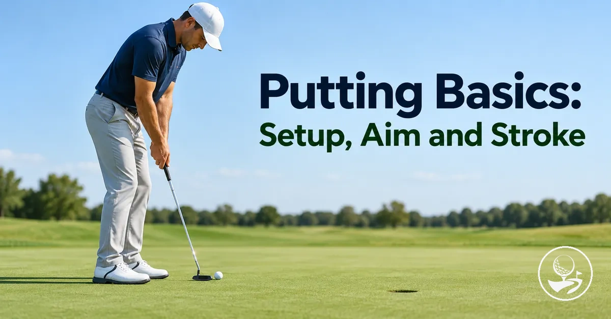 Beginner golfer practising putting setup, aim and stroke