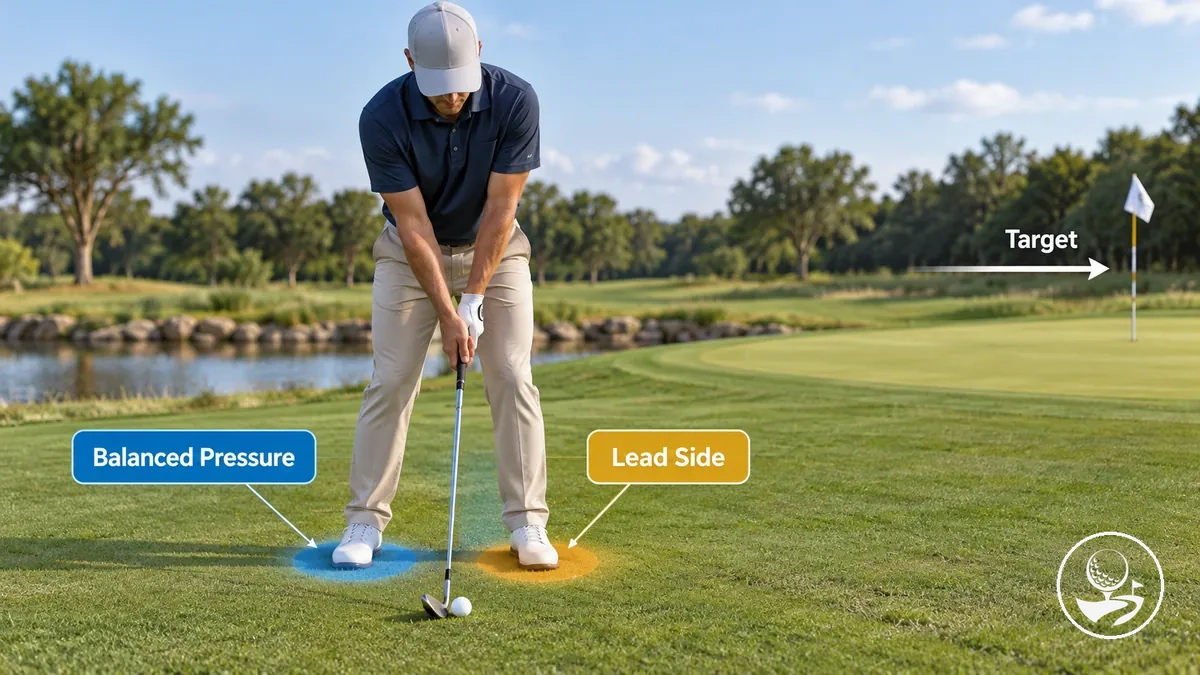 Beginner chipping address showing stable pressure with a possible lead-side bias.