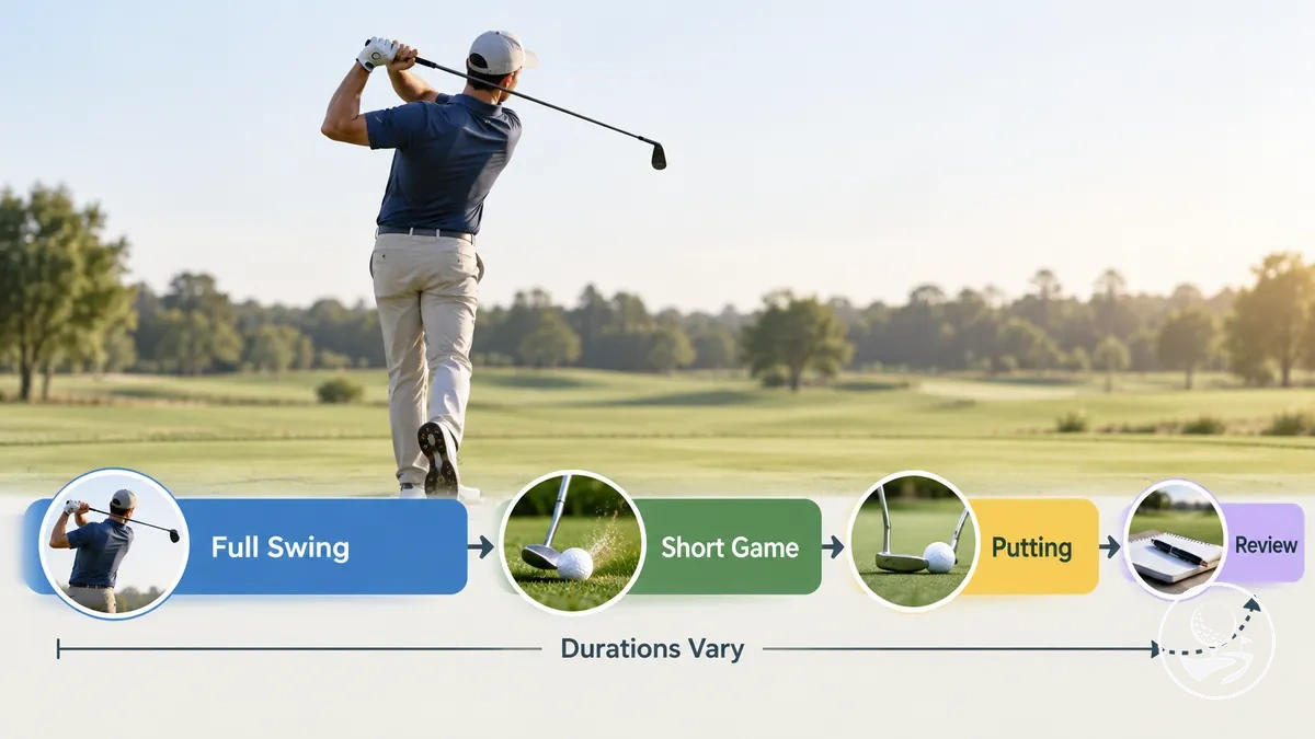 Beginner golf practice session divided into full-swing, short-game, putting and review blocks.