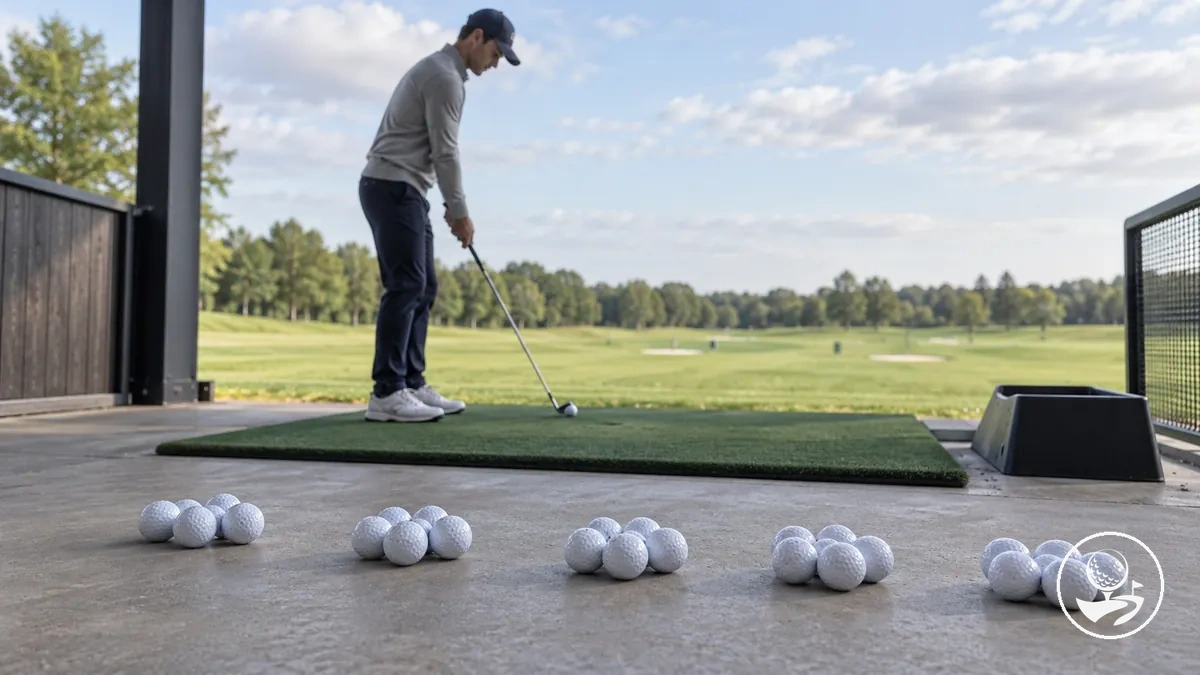 Range balls separated into purposeful practice blocks while a beginner golfer prepares between shots