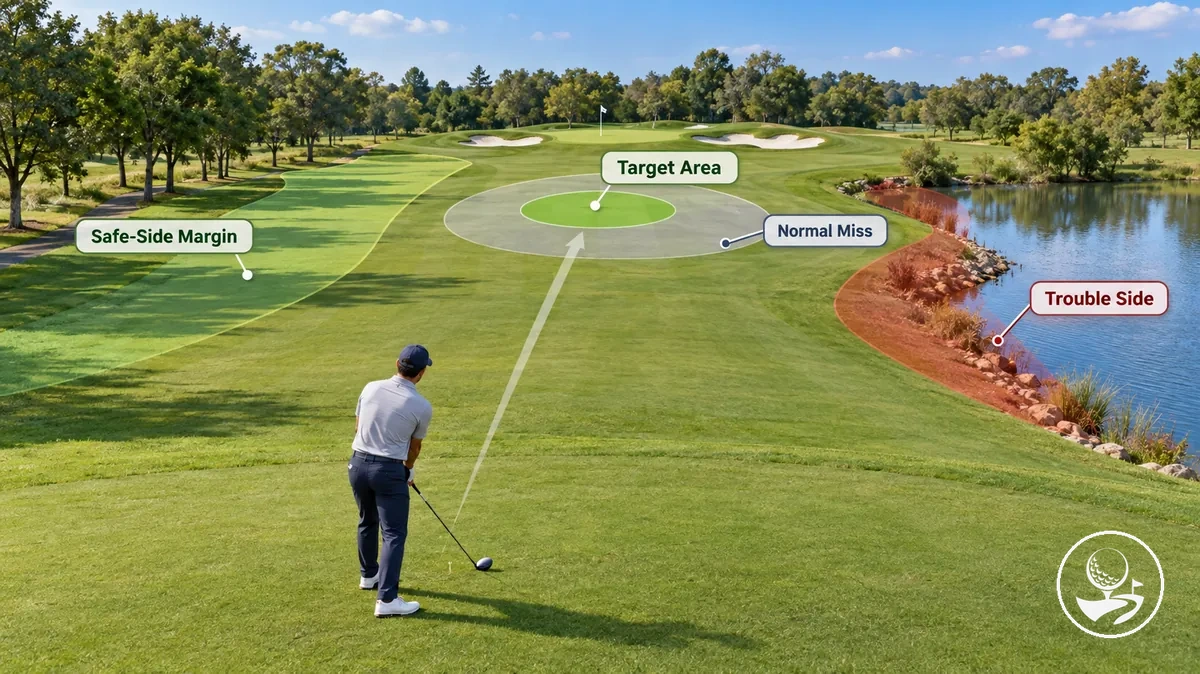 Safe golf target with room for a beginner golfer's normal miss