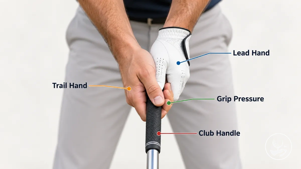 Beginner golf grip showing lead-hand and trail-hand placement on the club