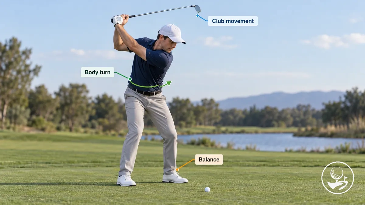 Beginner golfer making a balanced backswing with a controlled body turn.