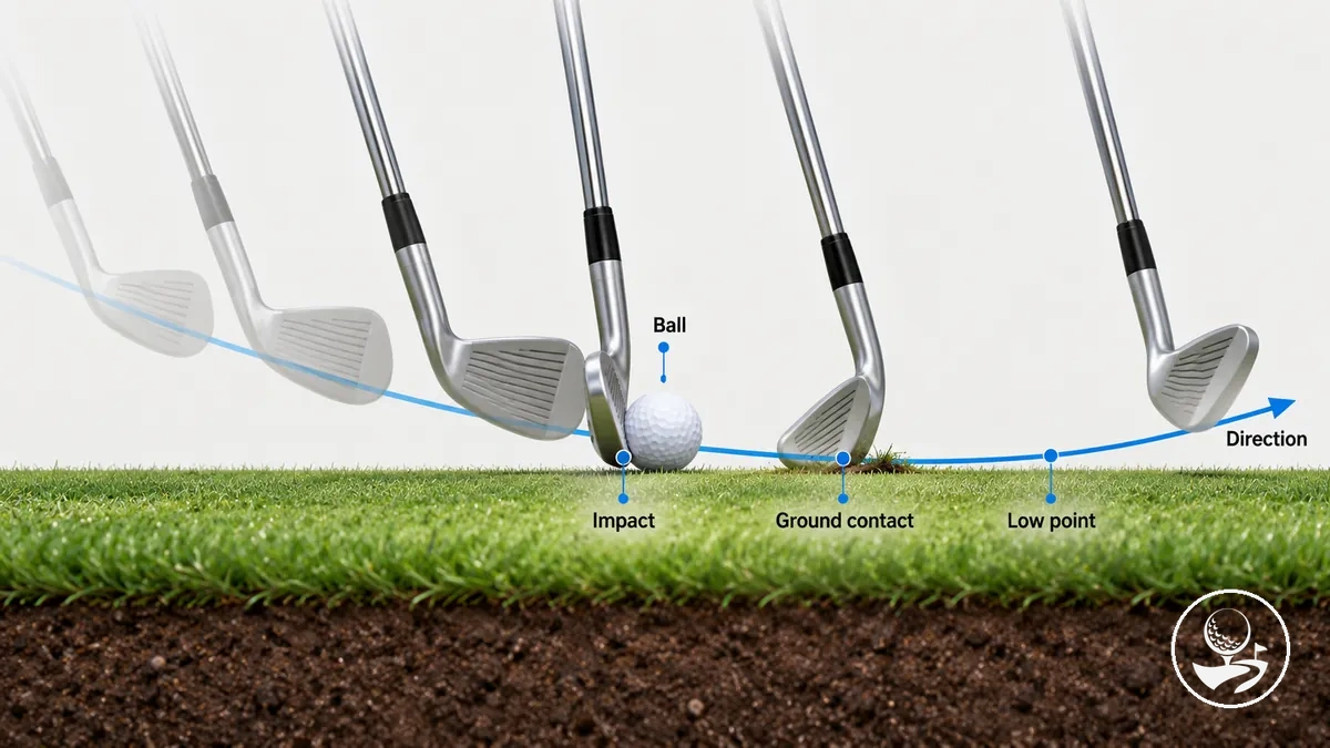 Diagram showing ball-first iron contact with the golf swing low point after the ball.