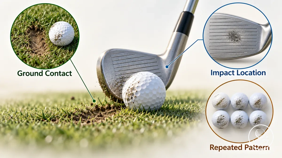 Annotated golf contact evidence showing ground marks, clubface impact location and repeated strike patterns.