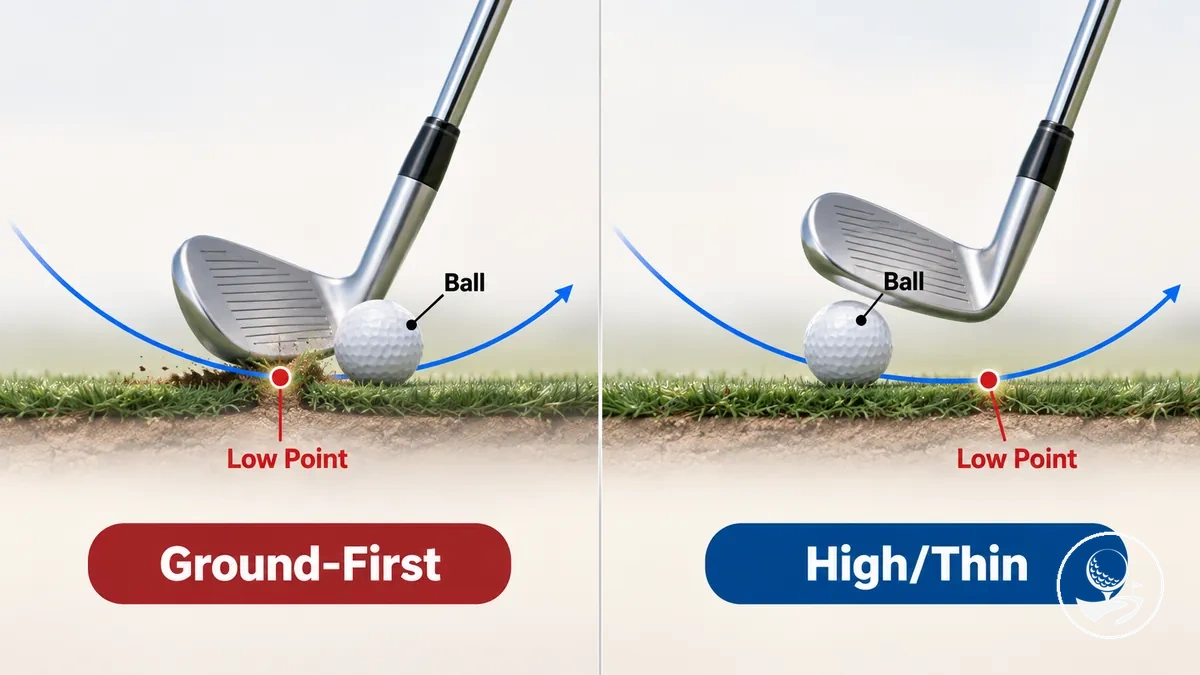 Diagram comparing golf swing low-point positions linked with fat and thin contact tendencies.