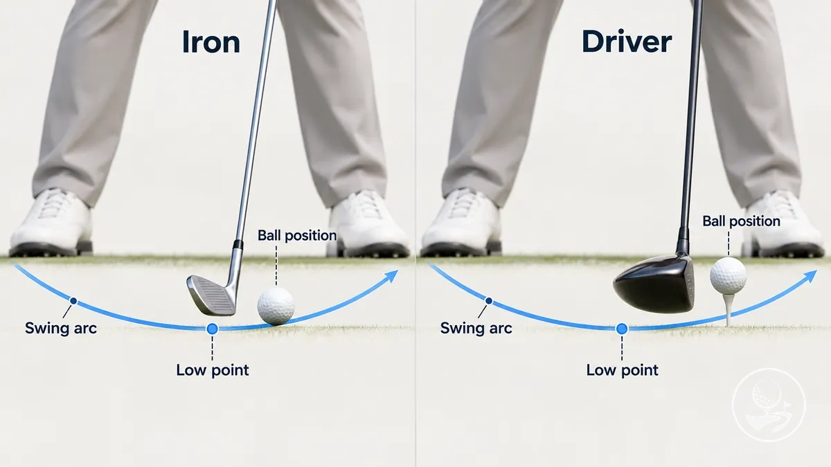 Diagram showing golf ball position relative to the swing low point for different clubs