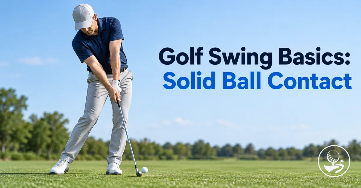 Beginner golfer making a controlled swing for solid ball contact