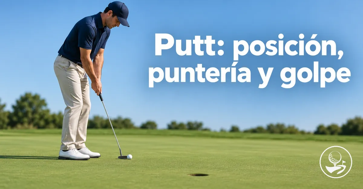 Golfista principiante practicando la posición, la puntería y el golpe de putt