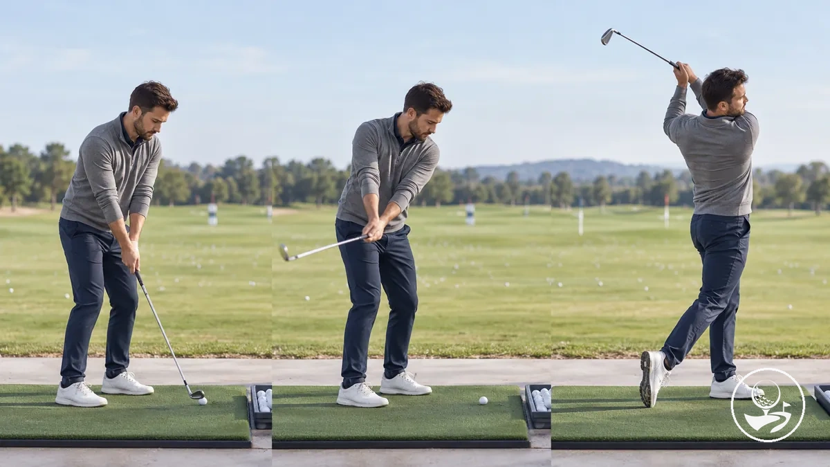 Golfista principiante progresando de swings parciales a swings más completos durante un calentamiento en el campo de prácticas