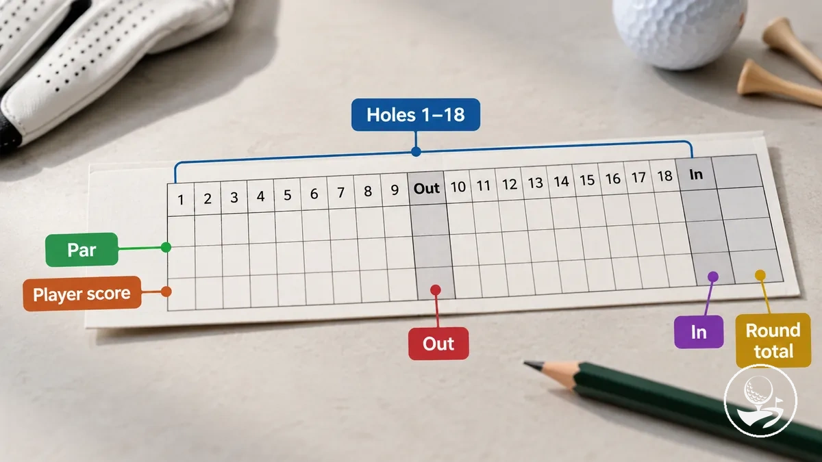 Tarjeta de golf con campos de hoyo, par, puntuación del jugador y total de la vuelta etiquetados
