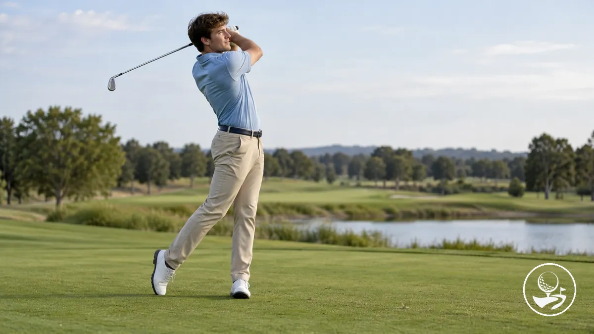 Golfista principiante terminando un swing completo en una posición de follow-through equilibrada.