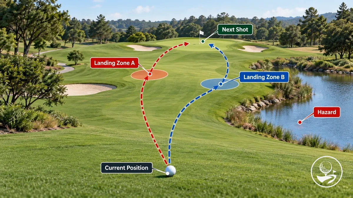 Diagrama de hoyo de golf que muestra cómo la posición de aterrizaje afecta al siguiente golpe
