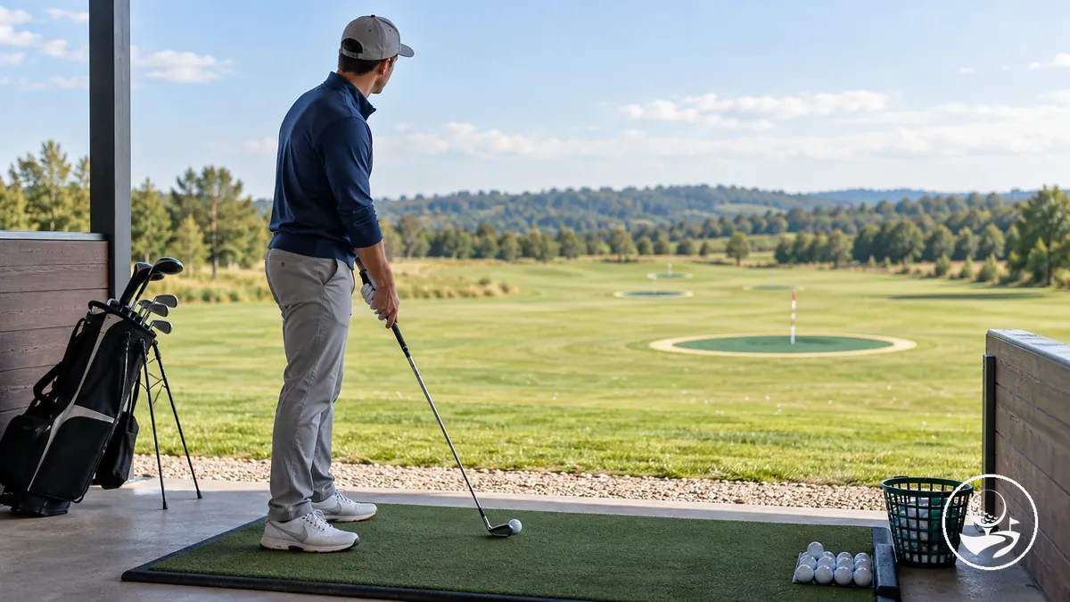 Golfista principiante preparando palos y bolas para una sesión enfocada en el campo de prácticas