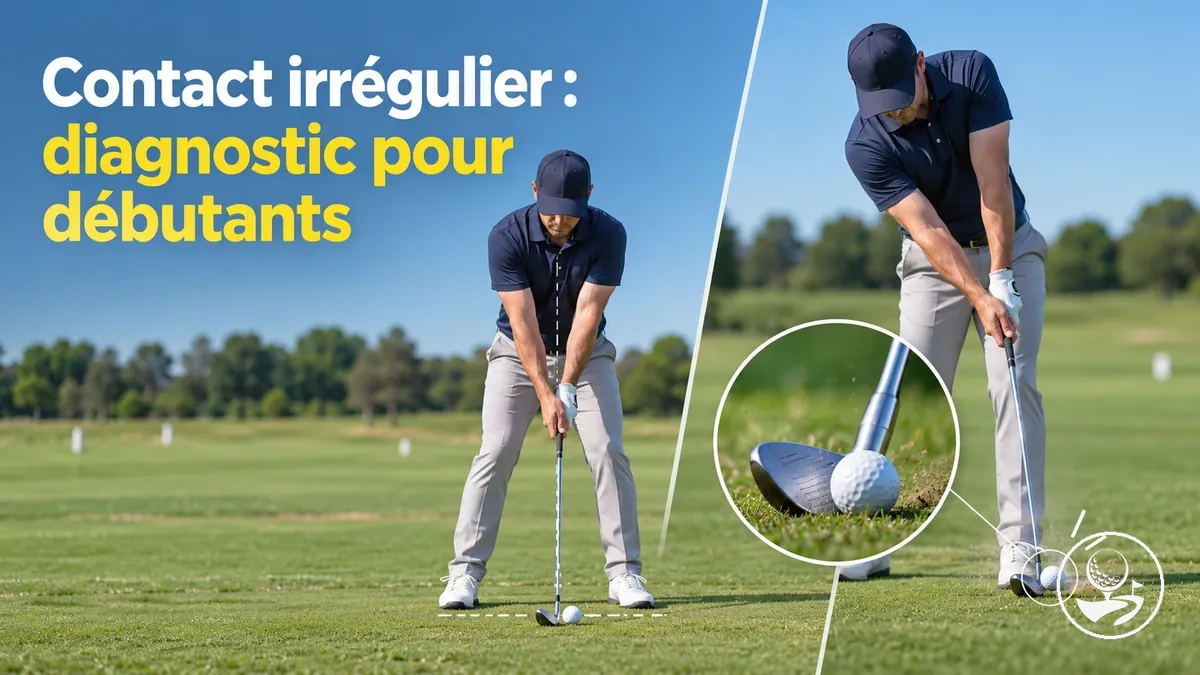Golfeur débutant vérifiant son setup et l'impact pour comprendre un contact de balle irrégulier