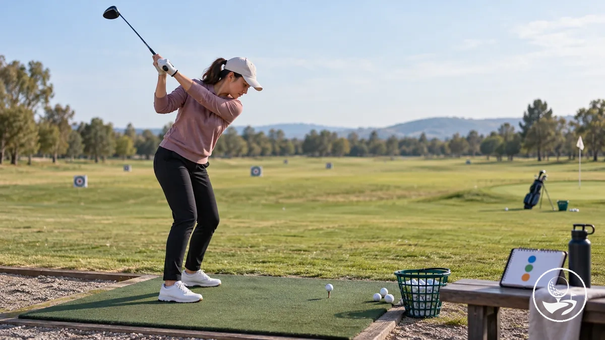 Golfeur débutant terminant un bloc d’entraînement planifié de swing complet au practice.