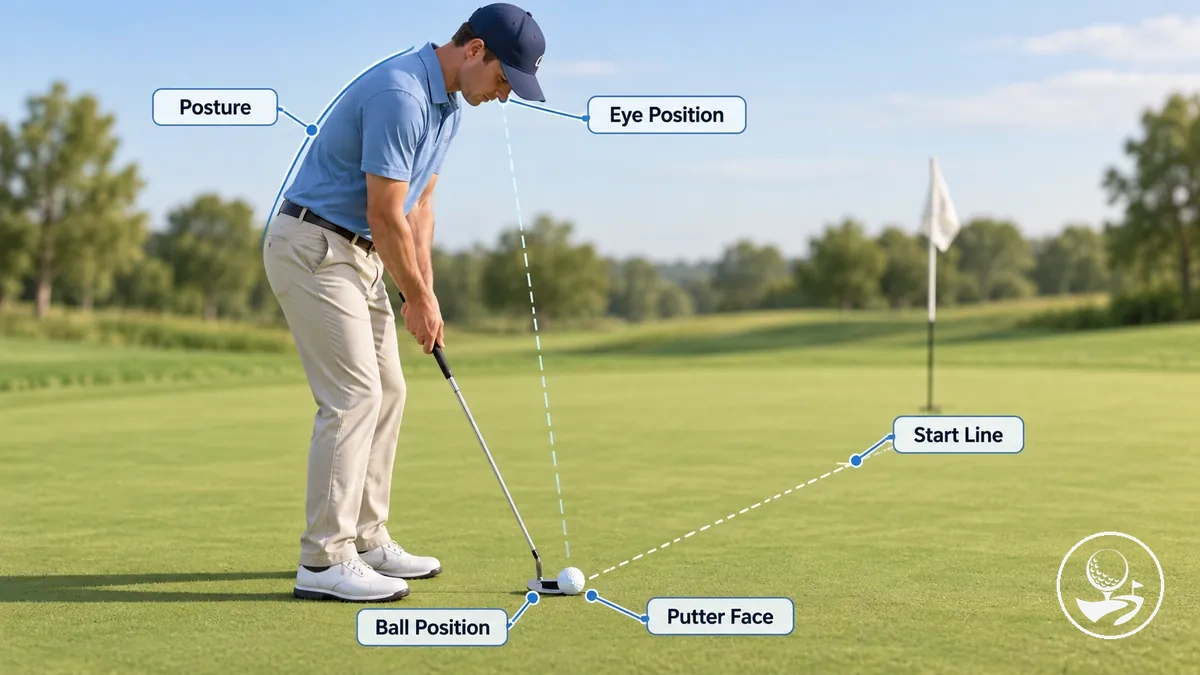 Adresse de putting annotée : posture, alignement du corps, position de la balle et des yeux