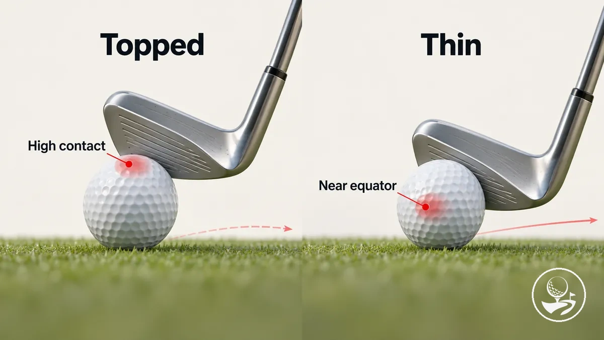 Comparaison des positions de contact des coups de golf toppé et mince