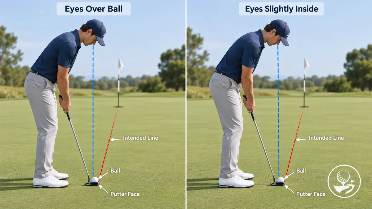 Schéma montrant la position des yeux au putting pour débutant, au-dessus ou légèrement à l'intérieur de la balle.