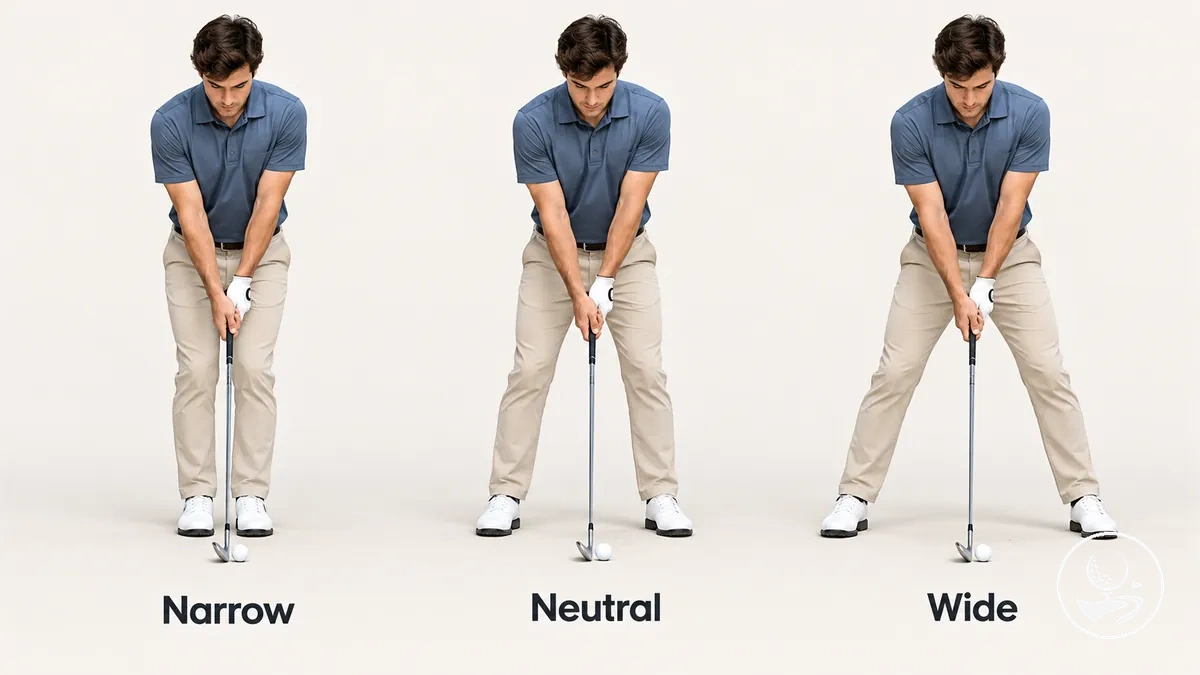 Comparaison des largeurs de position de golf étroite, neutre et large pour un débutant