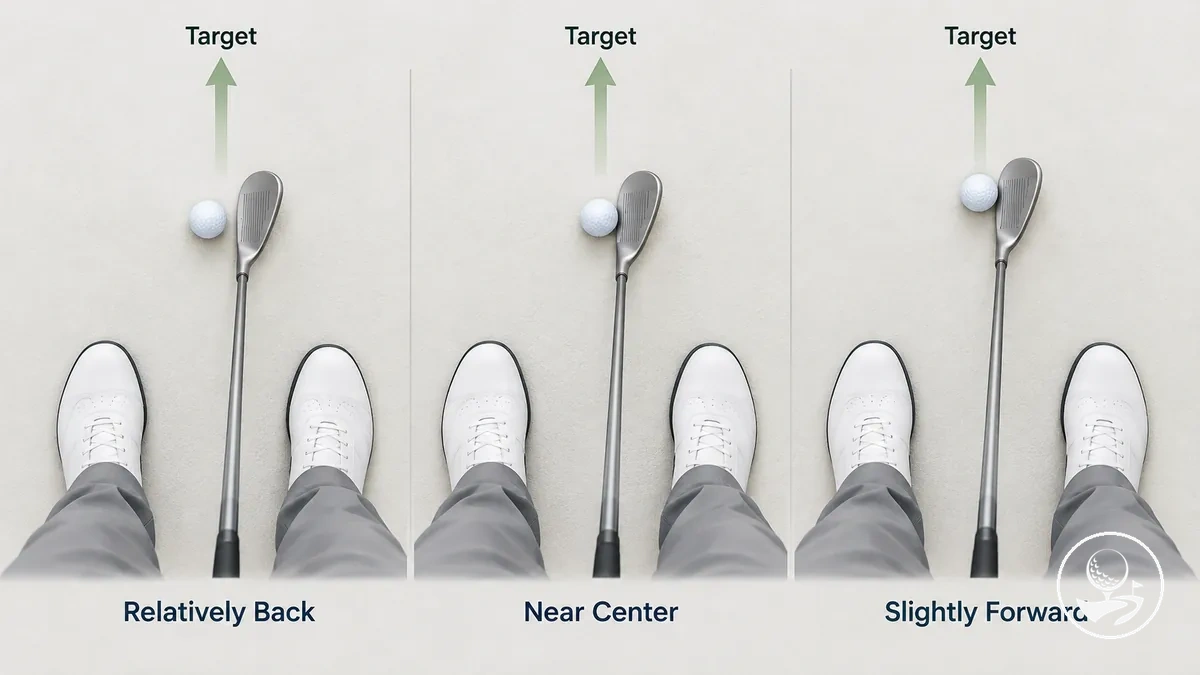Schéma comparant les positions de balle en arrière, au centre et légèrement en avant pour un chip de base.