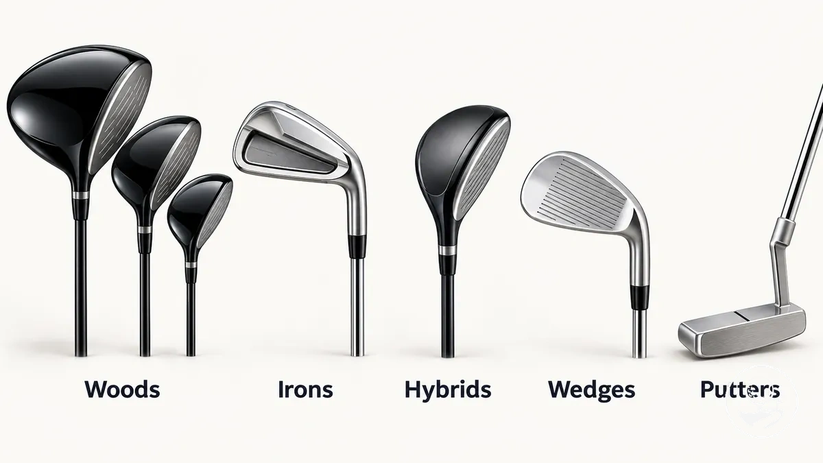 Principaux types de clubs de golf regroupés en bois, fers, hybrides, wedges et putters.
