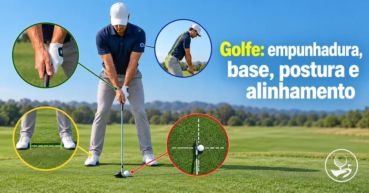Golfista iniciante demonstrando empunhadura, base, postura e alinhamento