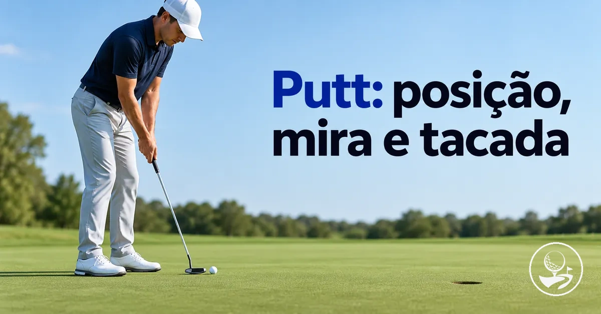 Golfista iniciante praticando posição, mira e tacada de putt