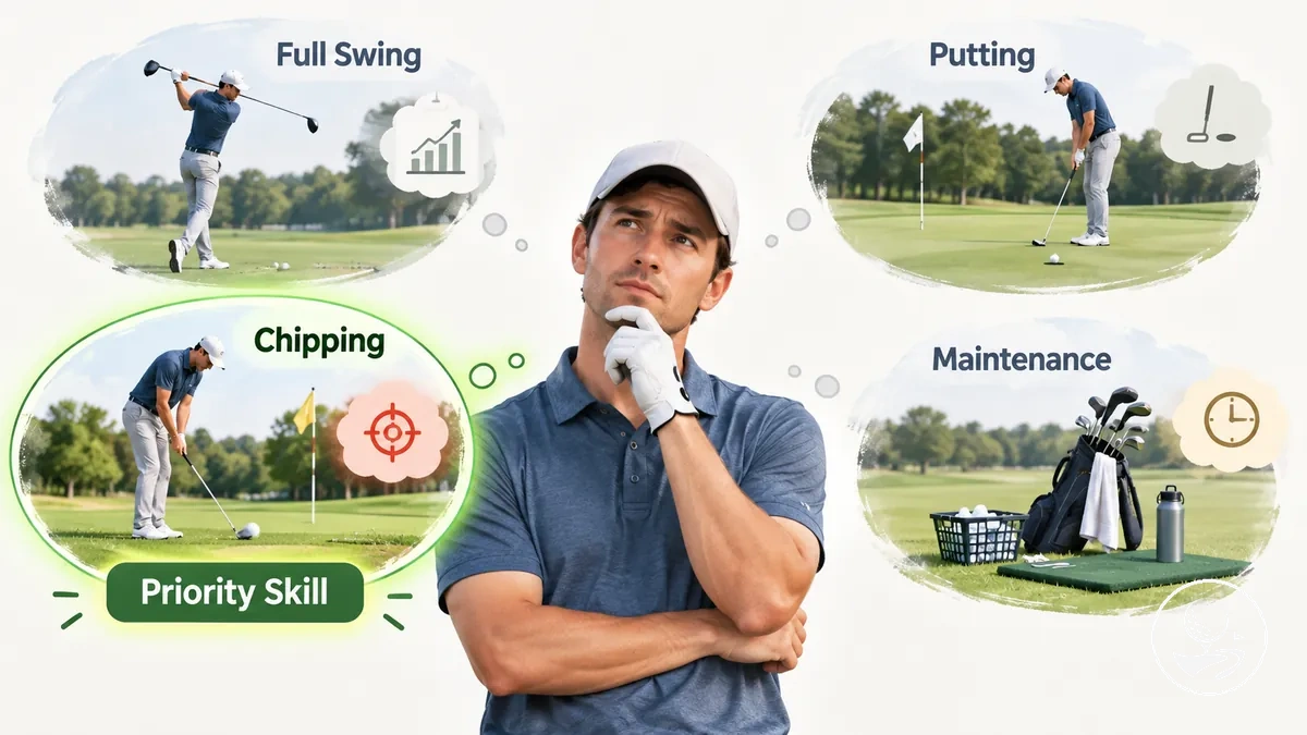 Golfista iniciante escolhendo uma habilidade prioritária para uma sessão de prática de golfe enquanto mantém habilidades essenciais.