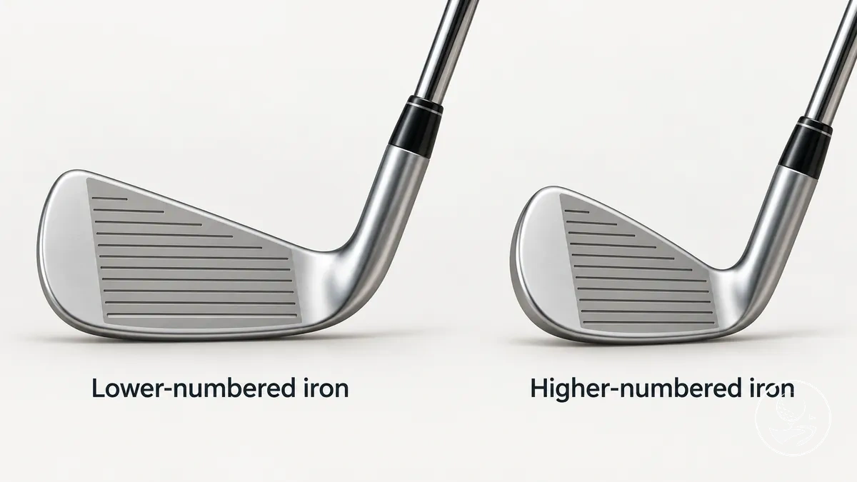 Ferros de golfe de numeração mais baixa e mais alta mostrando diferenças relativas de loft e uso pretendido.