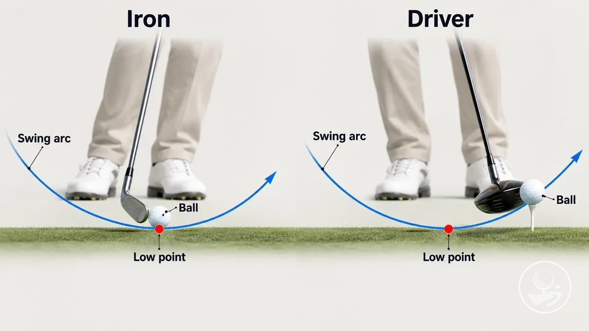 Diagrama do ponto baixo do swing em relação à bola para tacadas de ferro e driver