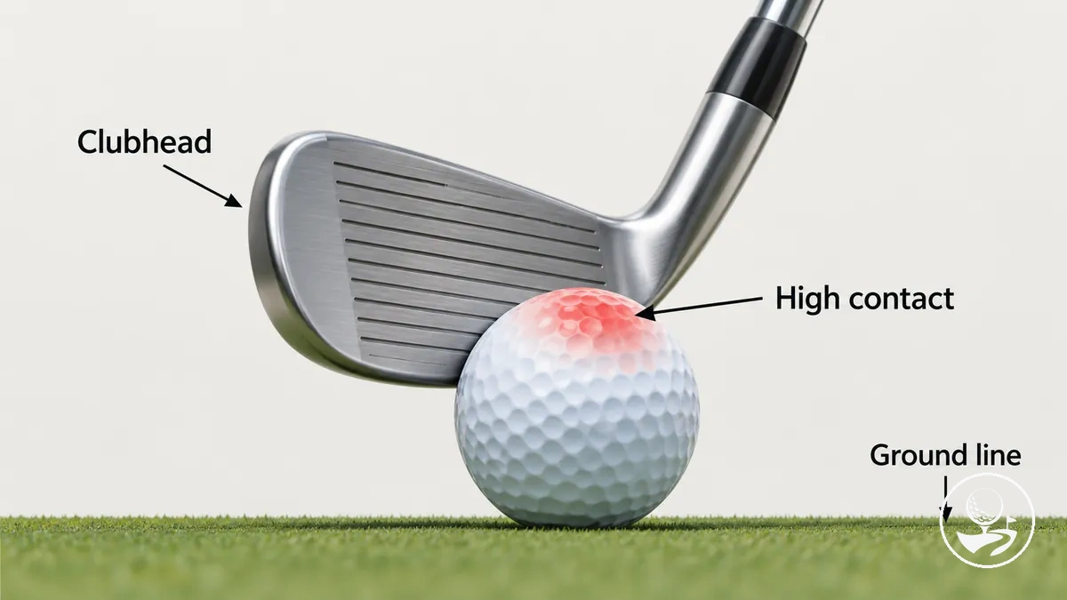 Diagrama mostrando um taco de golfe acertando muito alto na bola durante uma bola topada