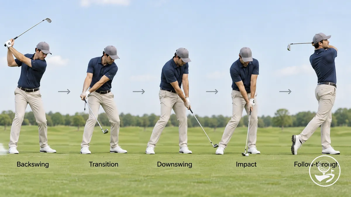 Sequência de swing de golfe para iniciantes, do backswing ao impacto e ao follow-through equilibrado.
