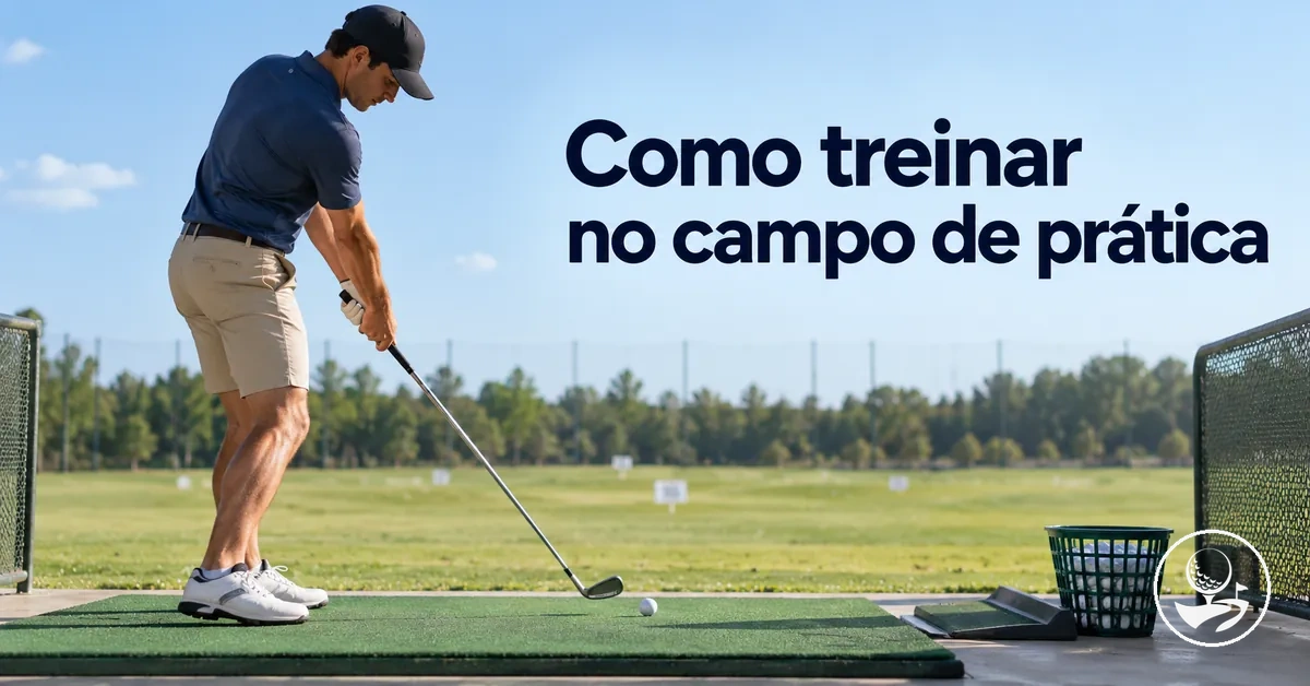 Golfista iniciante praticando tacadas em um campo de prática