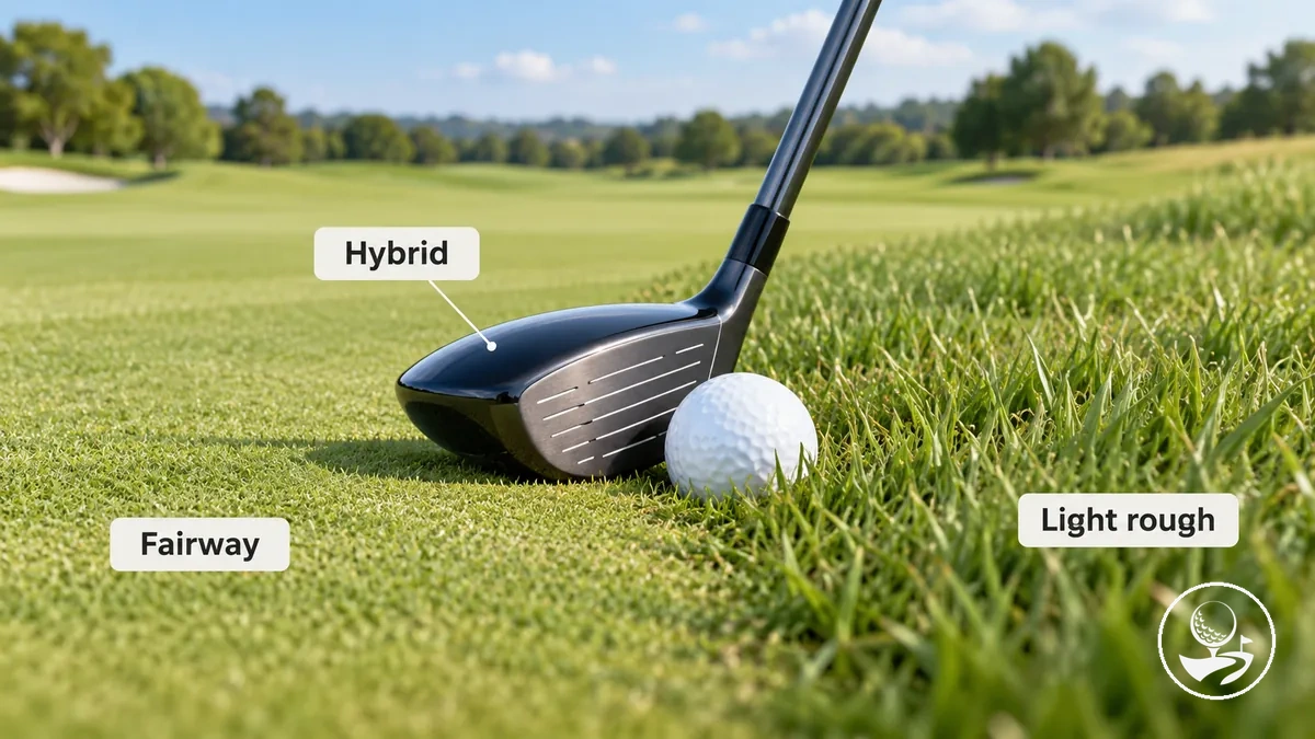 Daha uzun bir vuruş için fairway veya hafif kaba yatıştan konumlandırılmış hybrid golf sopası.