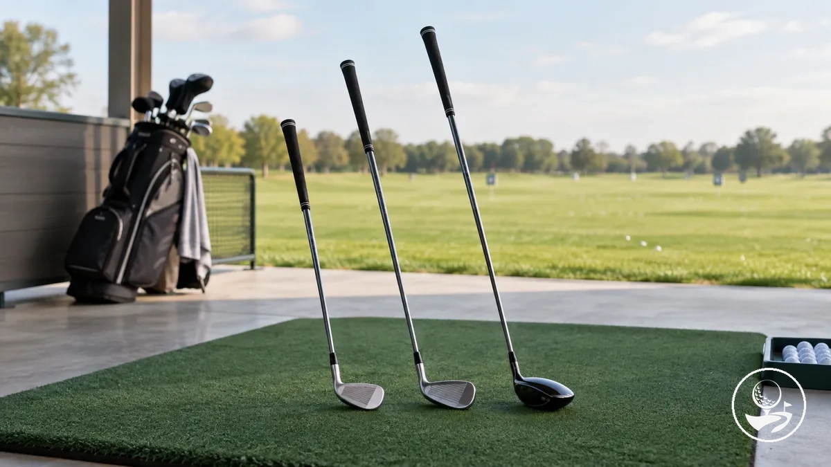 Yeni başlayan antrenman sahası pratiği için seçilmiş küçük bir golf sopası seti.