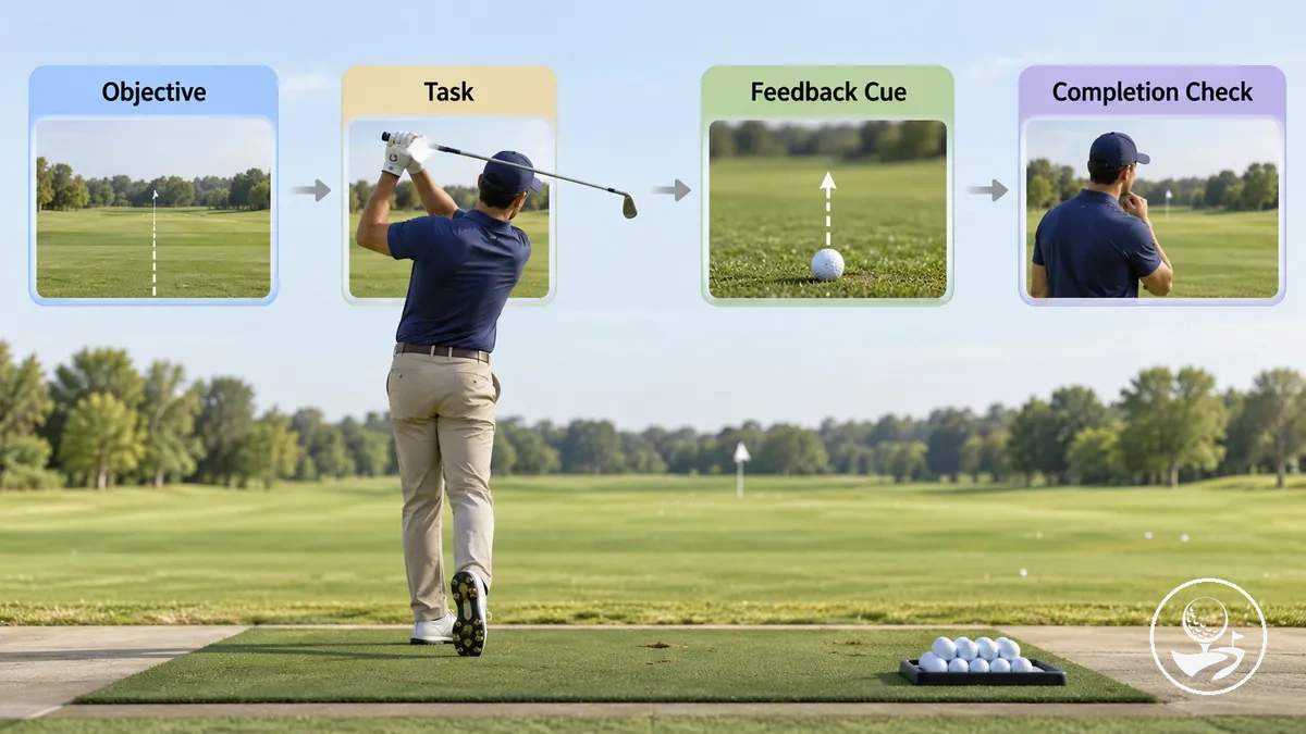 Tek bir hedef, görev, geri bildirim ipucu ve tamamlama kontrolü ile açıklamalı yeni başlayan golf antrenman bloğu.