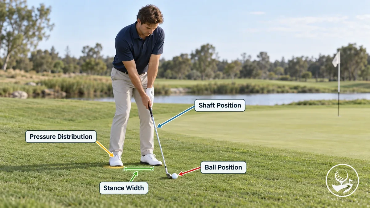 Temel chip vuruşu için duruş ayarlayan golfçü, top pozisyonu, duruş ve sopa açısı görünüyor.